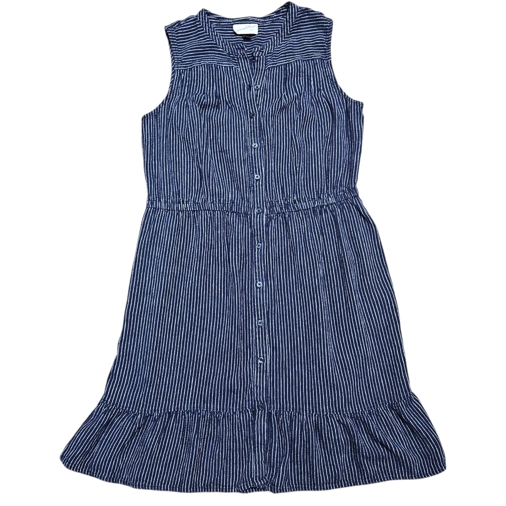 Wmns Navy Blue Striped Button Front Dress M Sleeveless Linen Beach Coastal Chic - Picture 6 of 14